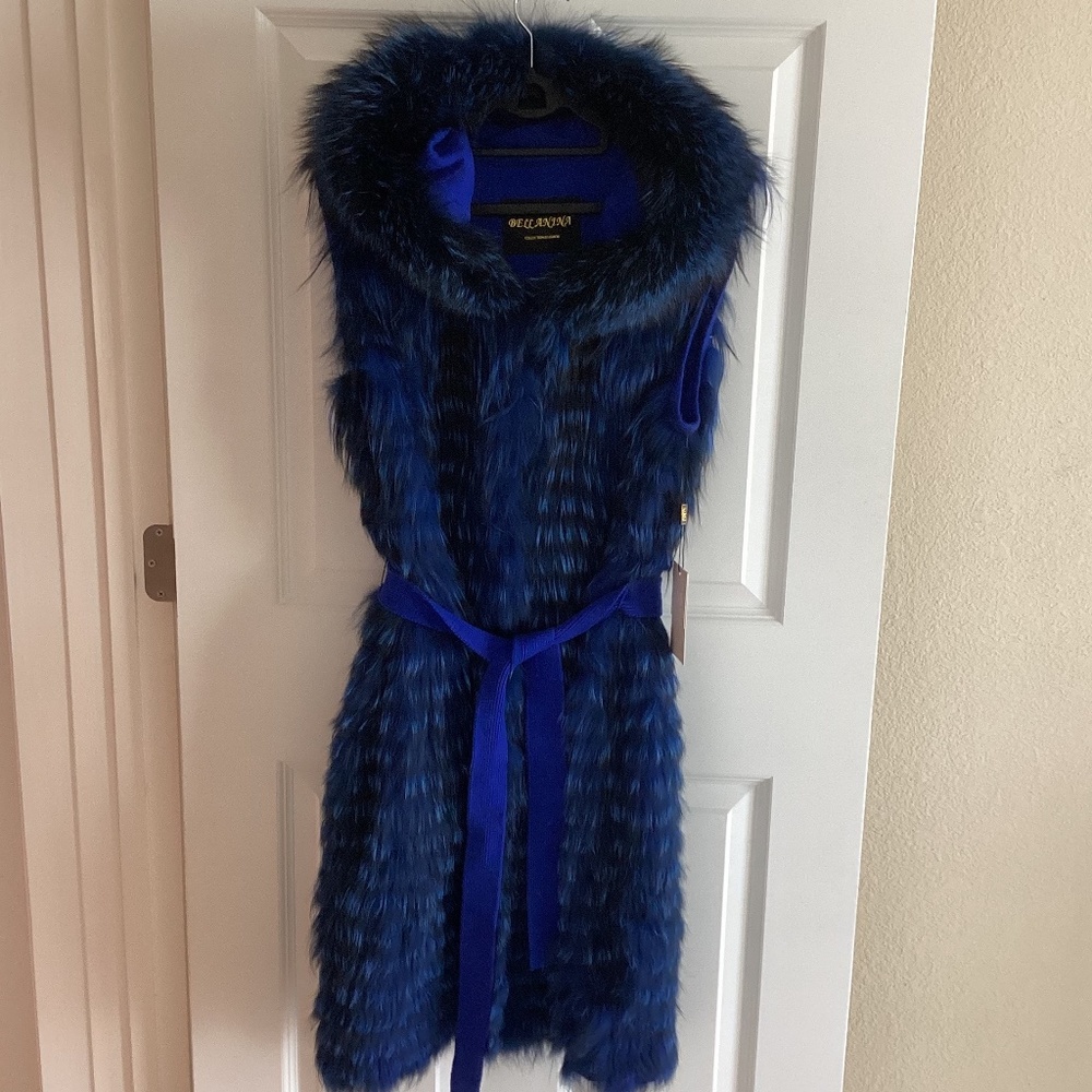 Gorgeous Real Silver Fox Fur Dyed Royal Blue Long Vest with Hood and Belt NWT